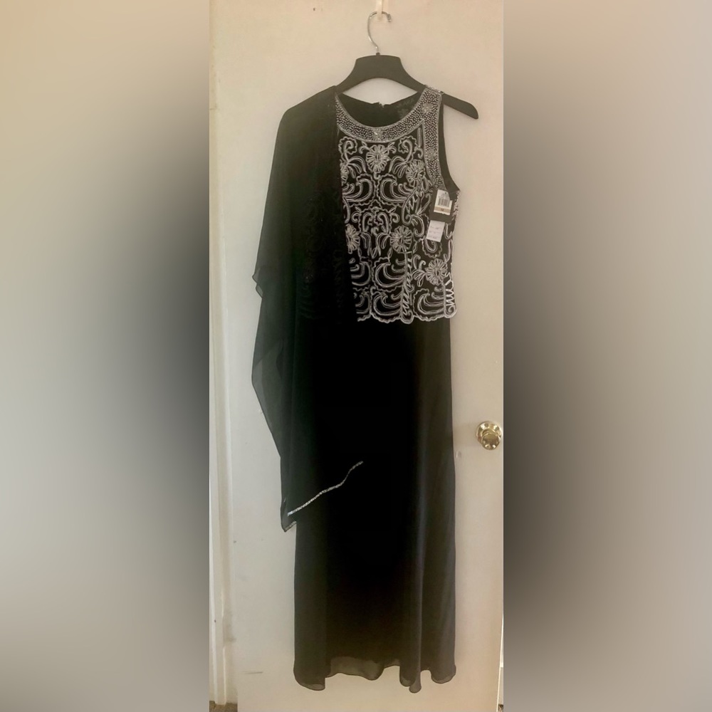 Formal black beaded dress with scarf.